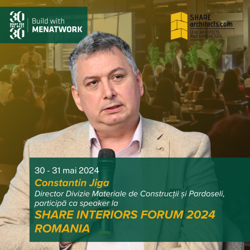 Constantin Jiga, Manager divizie Menatwork prezintă soluții pentru absorbția acustică în cadrul SHARE Interiors Forum