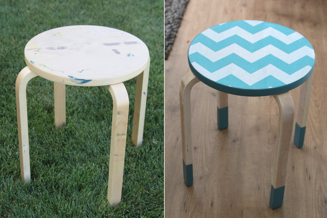 Decoratiune cu material pentru un scaunel din lemn