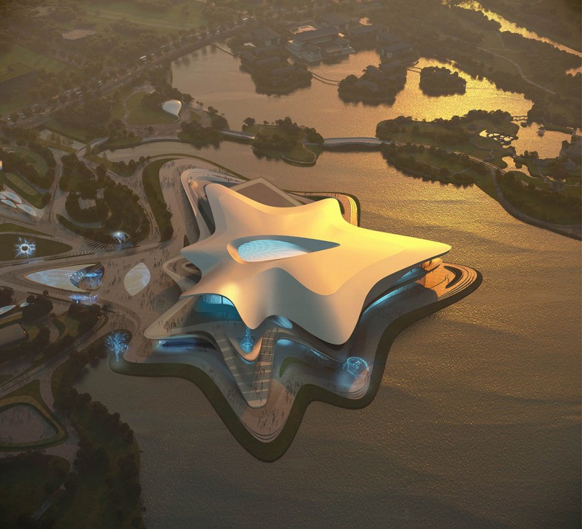 Un muzeu SF plutește deasupra apei ca o nebuloasă în formă de stea