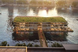 O clădire de birouri plutitoare complet off-grid este construită pe un râu din Europa