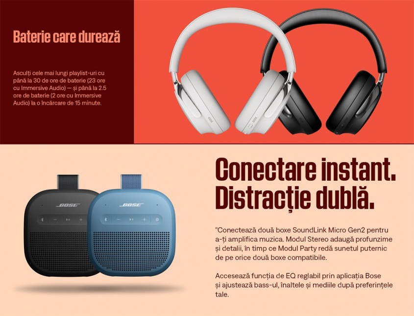 Sunetul care ține pasul cu tine Bose QuietComfort Ultra Gen 2 și Bose SoundLink Micro Gen