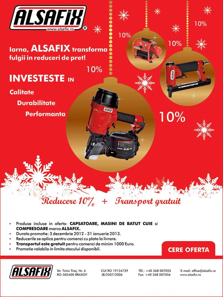 Alsafix ofera reduceri de 10% la: capsatoare, compresoare si masini de batut cuie